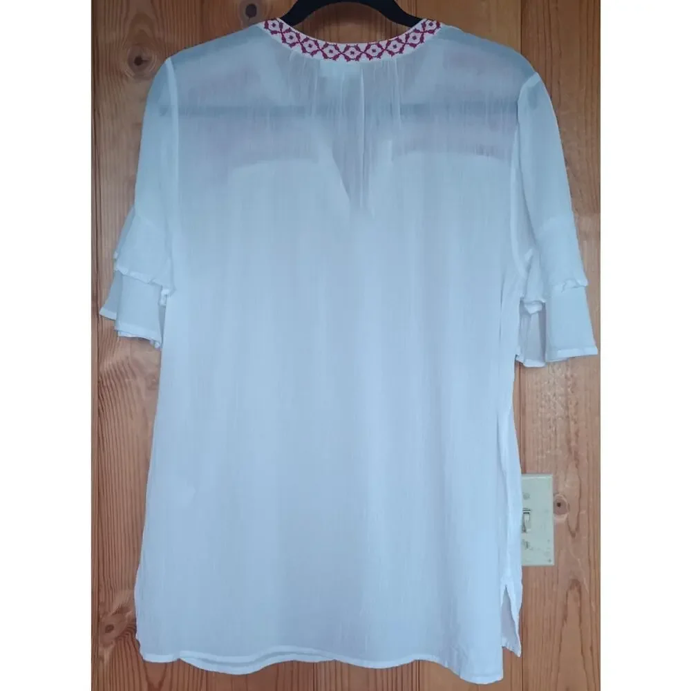 Liz Claiborne 100% White Cotton Tunic Red Embroidery Tiered Sleeves Boho Fairy - Picture 5 of 7